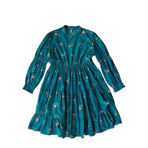 ZARA Retro Vintage Deep Emerald Green Floral Print Mini Dress - Picture 6 of 12